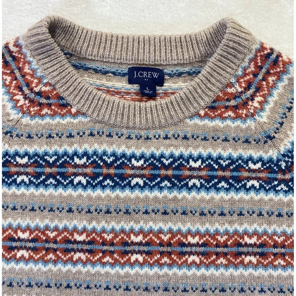 J Crew Mens L Striped‎ Lambs Wool Sweater Beige Blue Orange Academia Dad